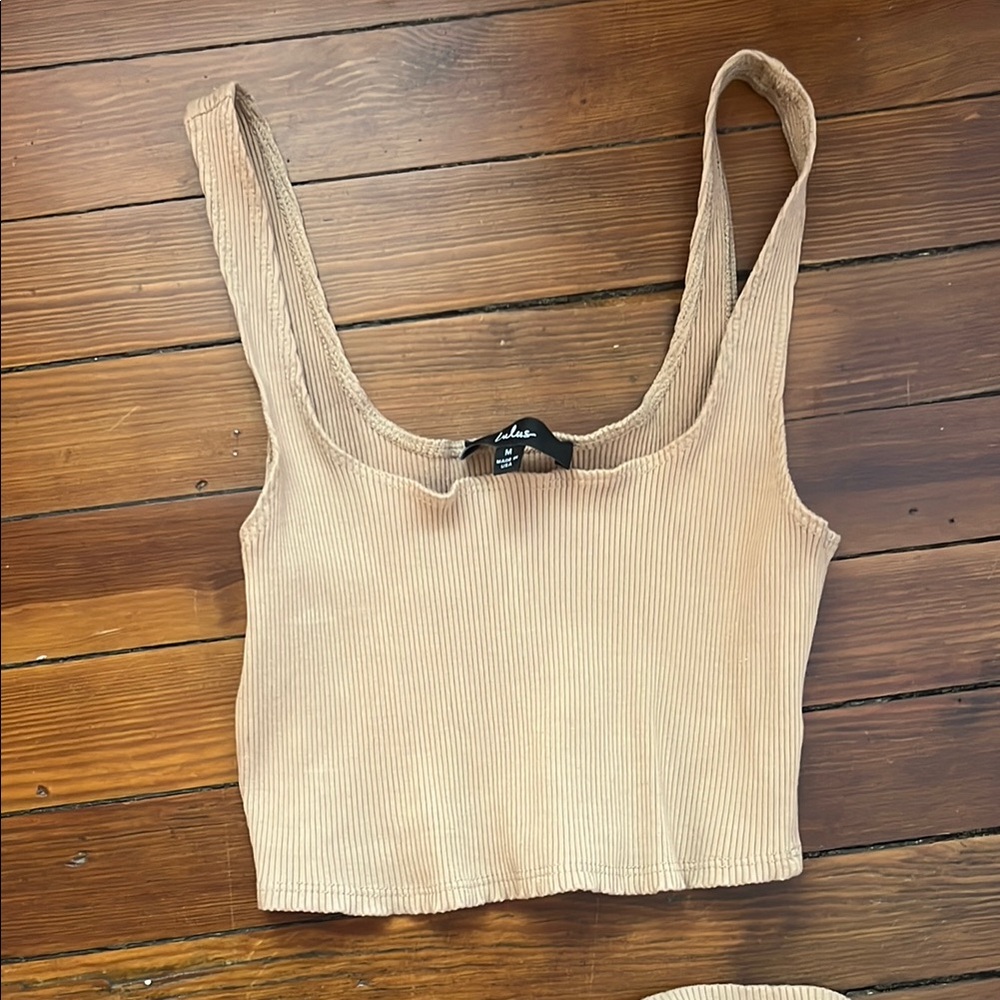 Tan Ribbed Crop & Body Con Skirt Set